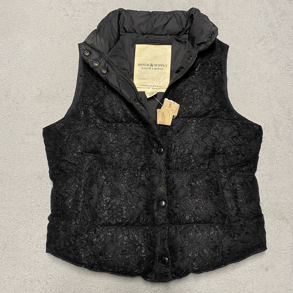 Ralph Lauren Denim & Supply Vest Womens Small Black Lace Puffer Y2K NEW